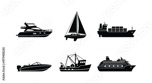 Nautical ship and boat silhouettes set, 6 black maritime vessel icons, cargo ship and luxury yacht vector collection, cruise liner and sailboat graphics