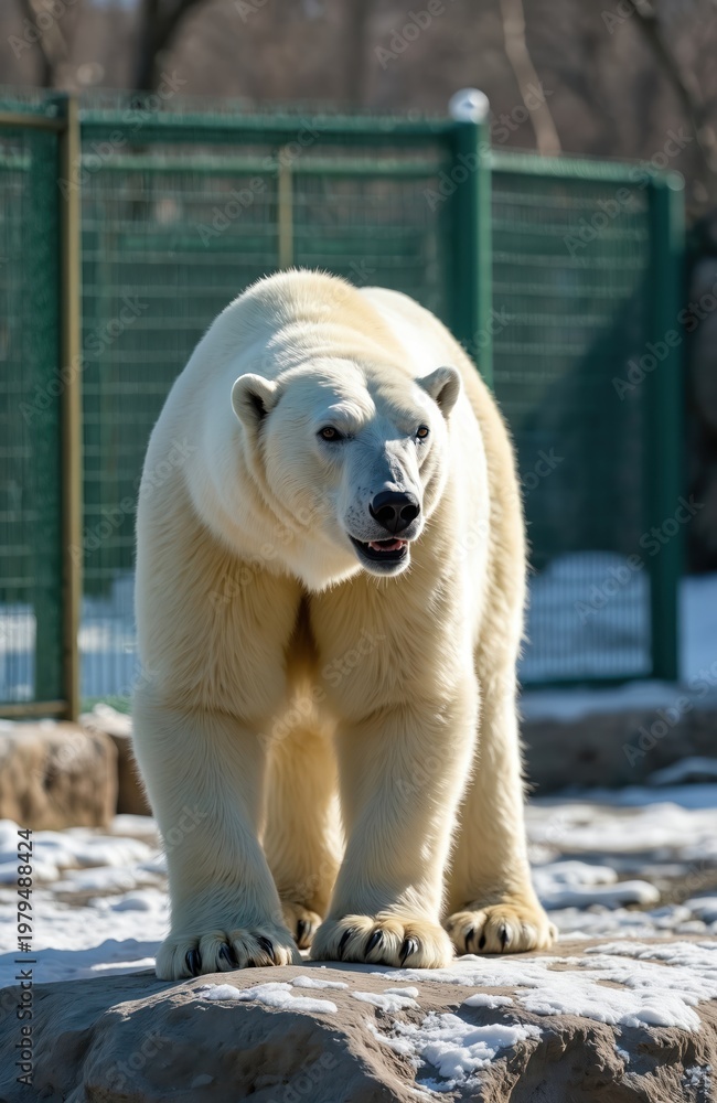Fototapeta premium Large polar bear stands on snowy rock. White mammal with black nose looks forward. It is in zoo enclosure with green fence behind. Sunny cold winter day.