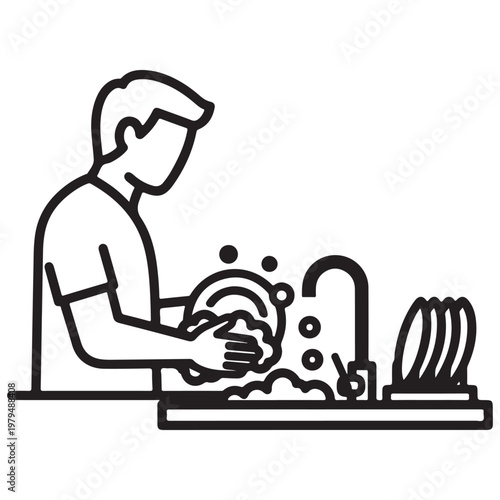 Man washing dishes in a kitchen sink line art vector illustration for housework and cleaning concepts