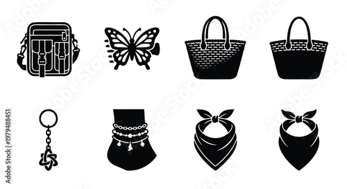 Fashion accessories icon set, black silhouette lifestyle elements, 8 vector icons including handbags, butterfly, jewelry, and bandana neckerchiefs