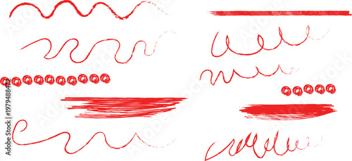 Collection of various red squiggly lines and strokes on white background