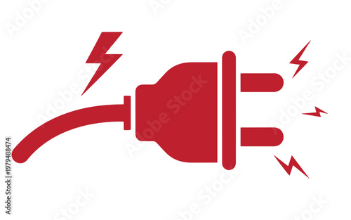 Red electrical plug with sparks and lightning bolts, isolated on white