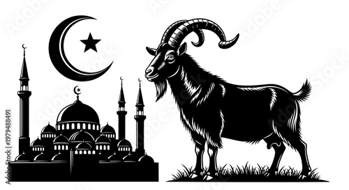 Vector illustration depicting an Islamic mosque with traditional crescent moon and star symbol alongside a majestic goat, representing cultural and religious themes