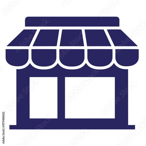 Dark blue flat of a storefront with a striped awning and two large display windows, isolated on a white background, representing a retail shop or small business location