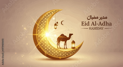 Decorative Eid al-Adha illustration with crescent moon, camel, and lanterns