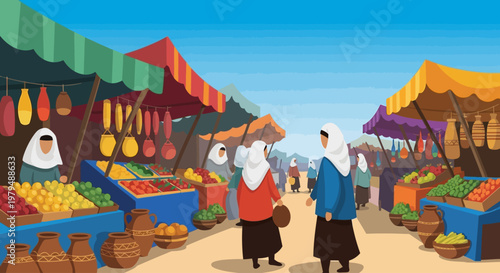 Vibrant Middle Eastern Market Scene with People and Produce