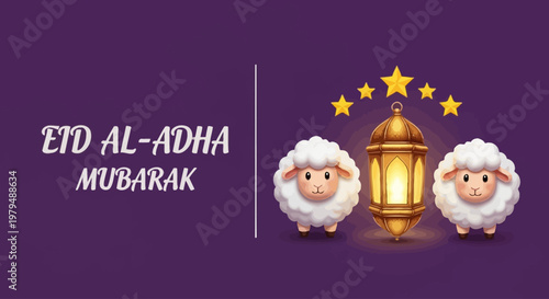 Eid Al-Adha Mubarak illustration with sheep and lantern