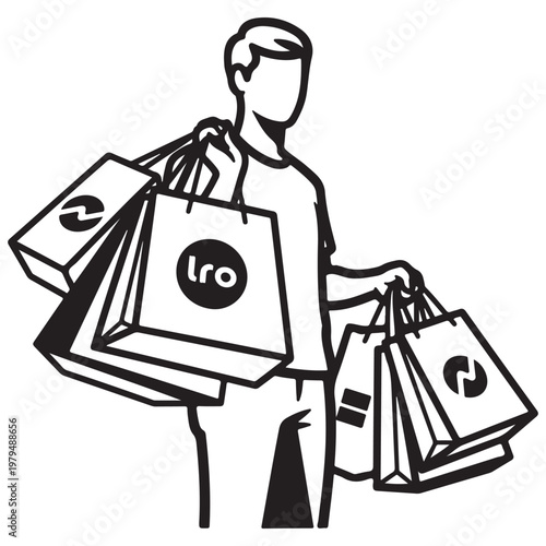 Man carrying multiple shopping bags minimalist vector illustration for retail and consumerism concepts