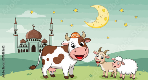 Eid al-Adha celebration with cow, goat, and sheep near a mosque