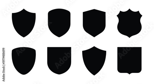 Black shield silhouette icons set, 8 heraldic crest shapes for logo design, minimalist security and protection symbols, vector guard badges