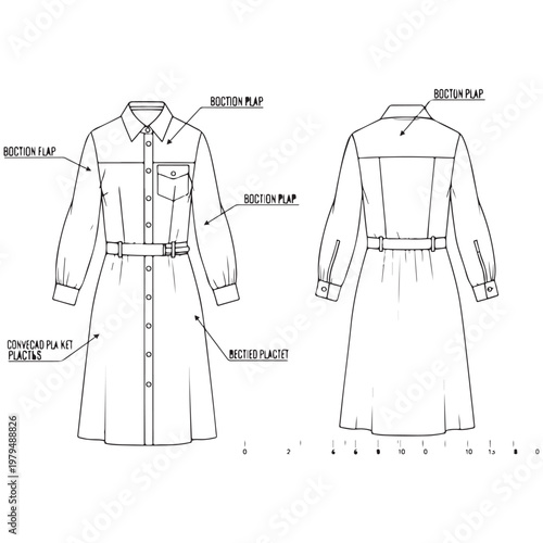 Women's Long Sleeve Shirt Dress Technical Flat Sketch Vector Illustration for Fashion Design and Manufacturing