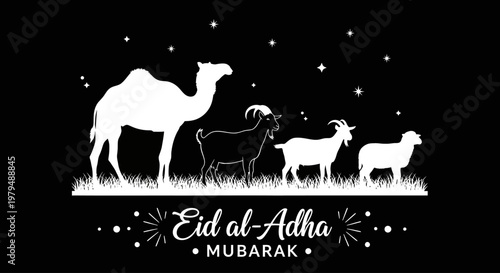 Eid al-Adha Mubarak greeting with camel, goats, and sheep illustration on black background
