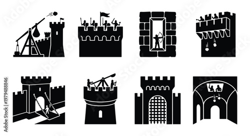 Medieval castle defense icons set, 8 black vector silhouettes of fortress warfare, ancient siege weapons and battlements for gaming and history