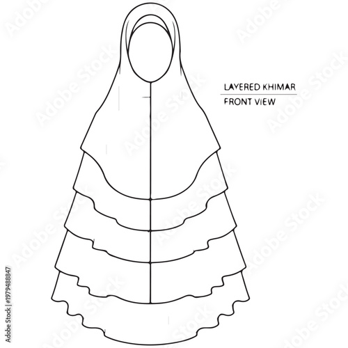 Layered khimar front view fashion technical sketch for modest Islamic garment design illustration