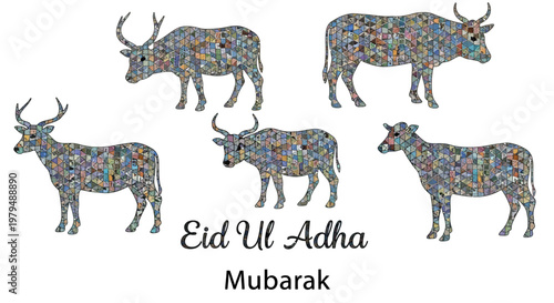 Ornate livestock illustrations for a spiritual celebration, symbolizing sacrifice and prosperity, perfect for religious holiday greetings and festive designs