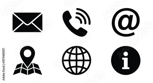 Minimalist contact icons set, black communication symbols for business cards, 6 vector elements including phone email and location pin