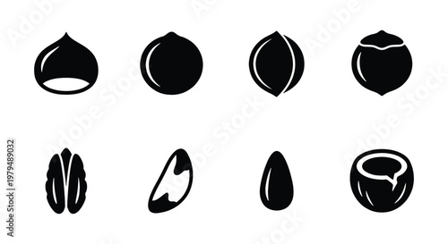 Minimalist nut icons set, black silhouette nut and seed vector elements, collection of 8 organic food symbols for packaging design and healthy snacks