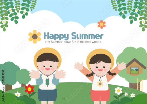 여름 숲속 풀밭에서 신나는 표정의 여자아이와 남자아이의 자연학습 숲체험 일러스트