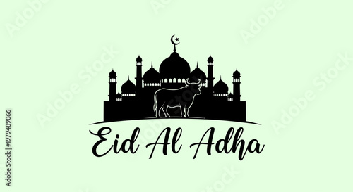Eid Al Adha celebration with cow and mosque illustration