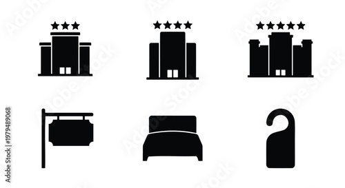 Minimalist hotel icon set, black silhouette travel symbols, luxury accommodation star rating buildings, hospitality service vector elements