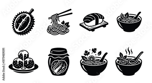 Asian food icons set, black and white vector illustrations of sushi, ramen, durian and kimchi, 8 traditional oriental cuisine elements