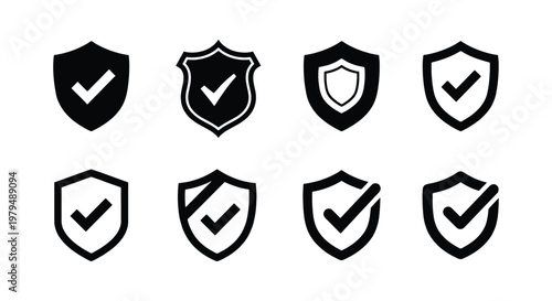 Security shield icons with check marks, set of 8 black vector protection symbols, verified safety and data privacy emblems for web design