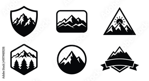 Vintage mountain logo set, black and white outdoor adventure badges, 6 vector mountain peak icons, rustic nature emblems for camping and hiking