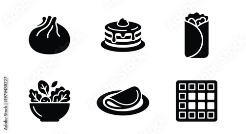 Minimalist food icon set featuring 6 black solid vector elements, breakfast and international cuisine symbols, restaurant menu graphics on white background
