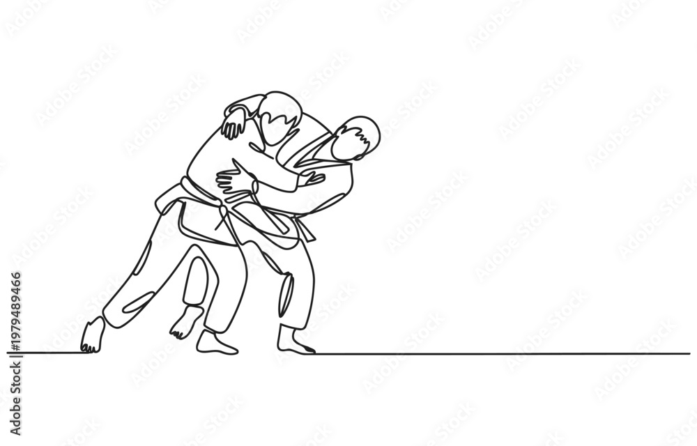 Obraz premium Single line art illustration of two judo athletes in a dynamic pose one lifting the other in a throw martial arts white background grappling movement wrestling submission competition training