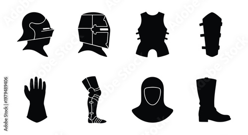 Medieval knight armor set, 8 black silhouette icons of historical warrior equipment, ancient battle gear collection including helmets and gauntlets