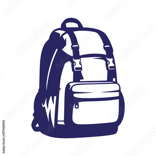 Navy blue backpack front view, with one shoulder strap visible school bag travel bag luggage