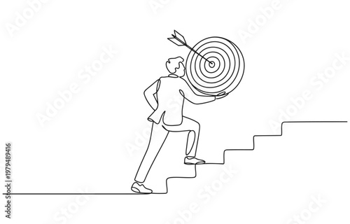 Foto Businessman climbing stairs with a target on his back symbolizing career goals b