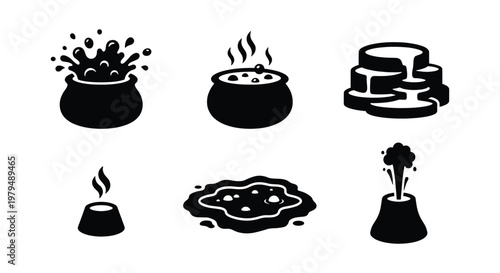 Geothermal activity icon set with bubbling mud pots and hot springs. Volcanic geyser and steaming thermal pool vector collection. Black silhouette nature symbols.