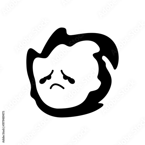 Cute Sad Fire Emoji Doodle Black Solid Illustration. Disappointed Flame Smiley Mascot Character Emoticon Design