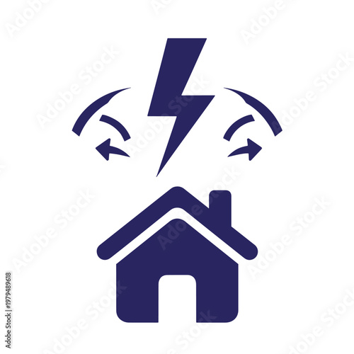 Dark blue of a house silhouette with a lightning bolt symbol above it and curved arrows indicating energy flow or power surge