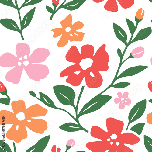 Colorful floral seamless pattern with hand drawn flowers and leaves, modern botanical vector background