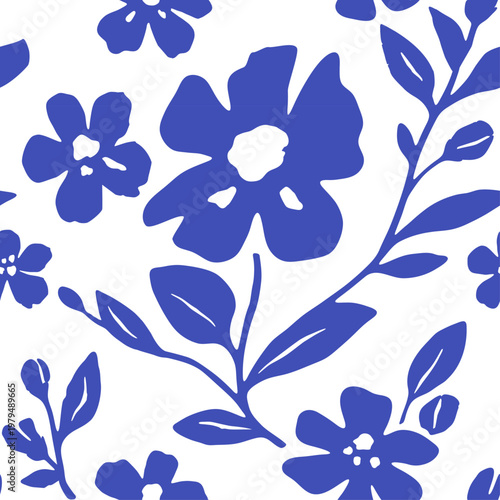 Blue floral seamless pattern with simple flowers and leaves, minimal botanical vector background