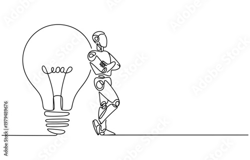 Robot leaning on a large light bulb symbolizing innovation and artificial intelligence single line white background science fiction innovation technology creativity intelligence robotics