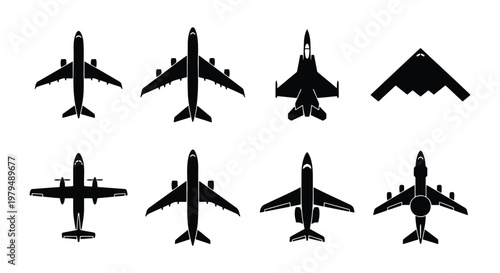 Airplane silhouette vector set, 8 black aircraft icons including passenger jet and military fighter plane, aviation transport symbols for travel design