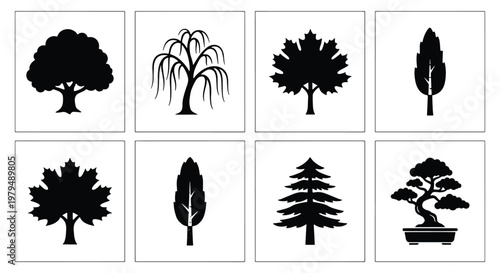 Black tree silhouettes collection, set of 8 nature icons including maple and bonsai, minimalist botanical vector elements for landscape design