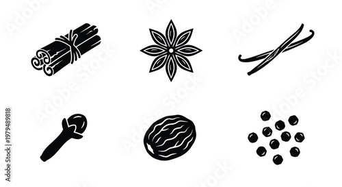Vintage spice icons set with cinnamon, star anise and vanilla. Hand drawn black engraving of aromatic culinary spices. Collection of 6 vector elements for food packaging.