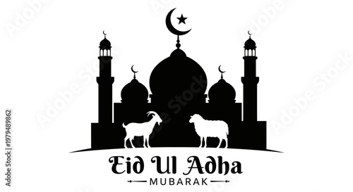 Eid Al Adha Mubarak Greeting with Mosque and Sheep Silhouette