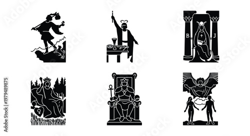 Mystical tarot card icons set, black and white occult major arcana symbols, 6 vector illustrations of esoteric spiritual archetypes for divination