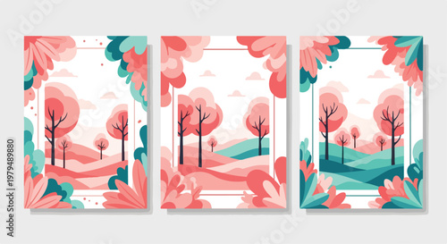 Pastel spring landscape posters, set of 3 floral vector illustrations with pink trees and rolling hills, abstract nature scenery for wall art