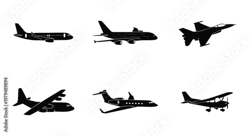 Black airplane silhouette set with 6 vector icons, commercial aviation and military jet silhouettes, private plane and cargo aircraft symbols