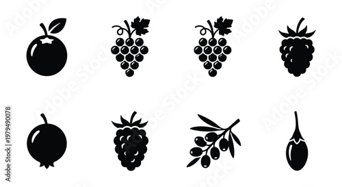 Minimalist black fruit icons set, 8 organic berry and grape vector symbols, clean silhouette food illustrations for packaging and menu design