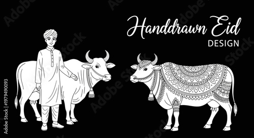 Hand-drawn Eid design featuring a young man and decorated cows on a black background