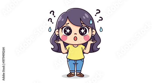 Cute cartoon girl with purple hair and big expressive eyes showing confusion or uncertainty in a playful style