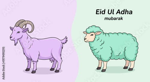 Eid Ul Adha Mubarak illustration with goat and sheep
