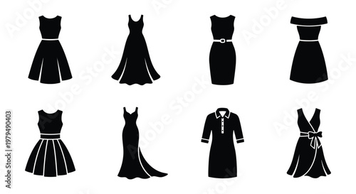 Minimalist black dress icons set, 8 female fashion garment silhouettes, elegant evening gown and cocktail dress vector illustrations for retail